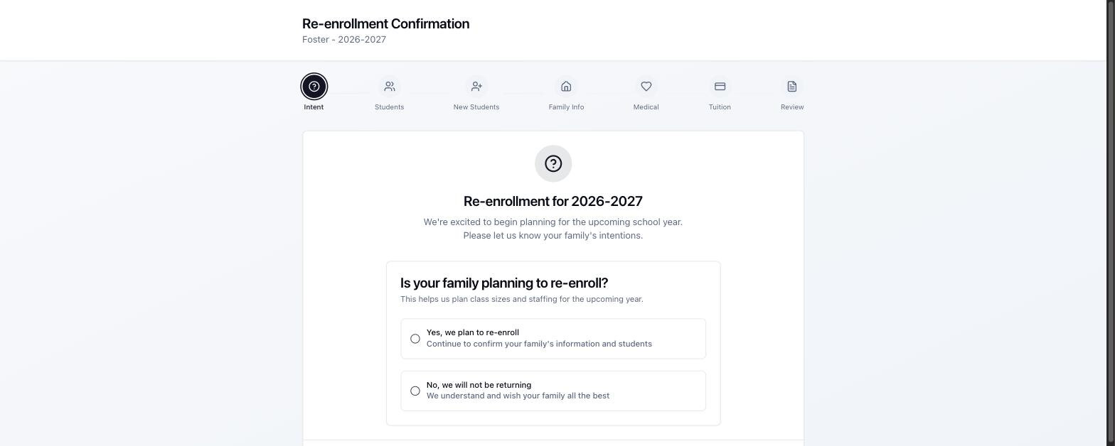 The parent portal asking a family whether they plan to re-enroll, with the form's steps across the top.